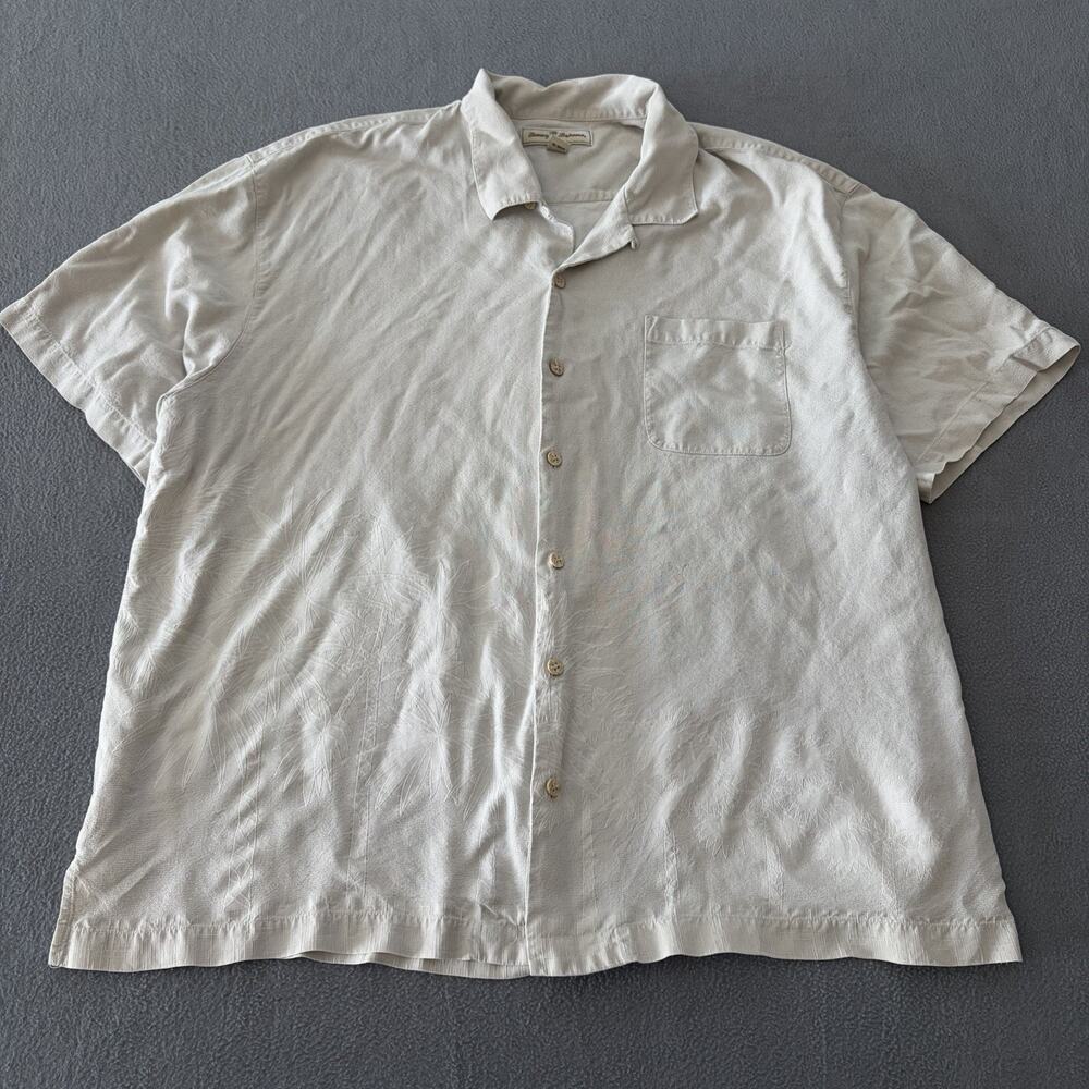 Tommy Bahama Silk Shirt Mens XXL Beige Embroidered Floral Hawaiian Button Up 2XL